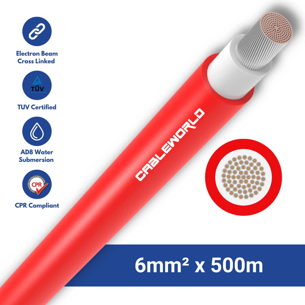 [SOLARH1Z2Z2- K6.0MM/RED/500] CableWorld Solar PV 6mm² DC Cable 500 Metre RED